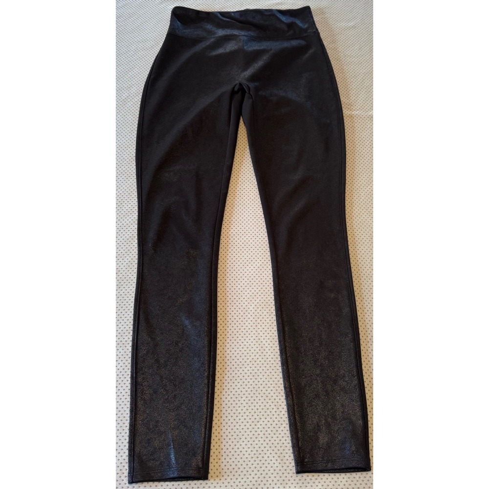 Assets by Spanx Women's Black Shimmer Faux Leather Leggings High Waist Medium